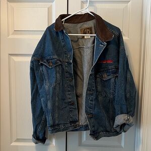 Men's Blue Denim Jacket with Brown Leather Collar
